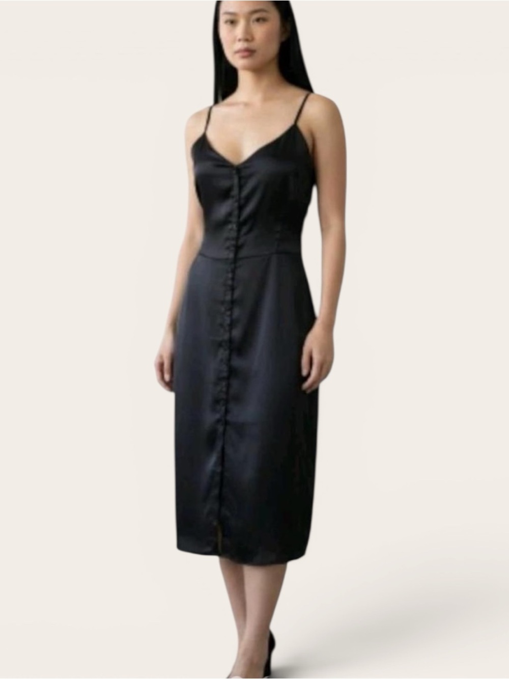 Abercrombie & Fitch Black Button Down Satin Slip Midi Dress Size L - Picture 2 of 7